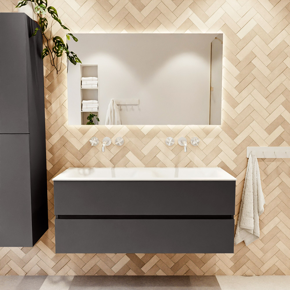 MONDIAZ VICA 120cm mueble de baño Dark Grey 2 cajones. Lavabo CLOUD Doble sin orificio, color Talc. 2 color Talc.