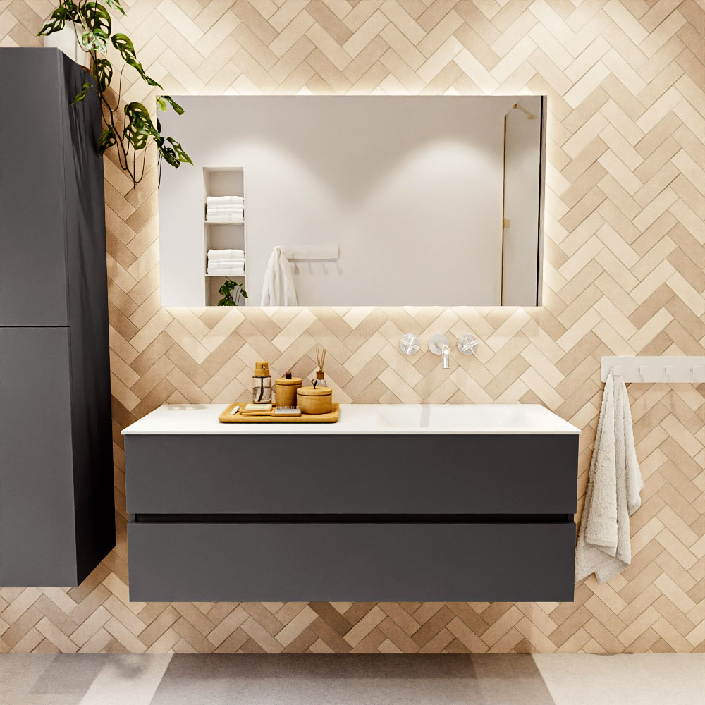 MONDIAZ VICA 130cm mueble de baño Dark Grey 2 cajones. Lavabo CLOUD Derecho sin orificio, color Talc. 2 color Talc.
