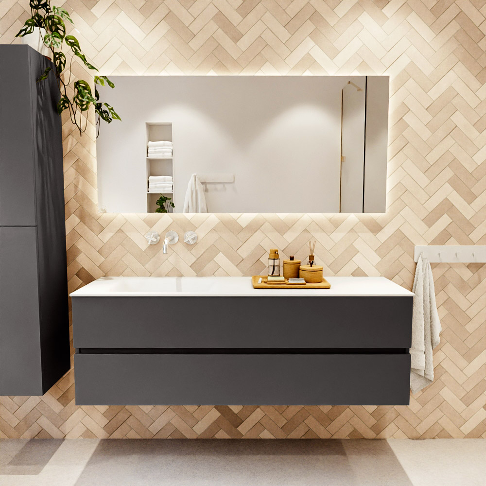 MONDIAZ VICA 150cm mueble de baño Dark Grey 2 cajones. Lavabo CLOUD Izquierda sin orificio, color Talc. 2 color Talc.