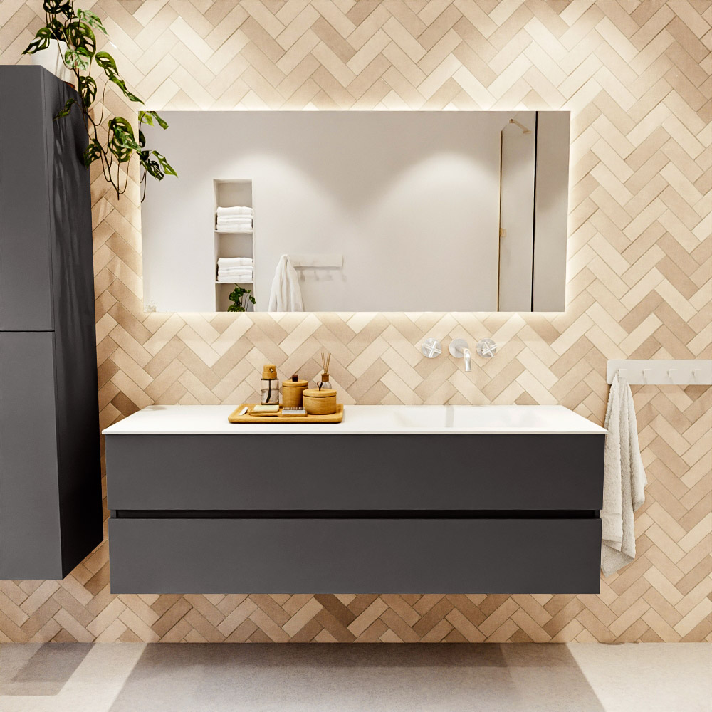 MONDIAZ VICA 150cm mueble de baño Dark Grey 2 cajones. Lavabo CLOUD Derecho sin orificio, color Talc. 2 color Talc.