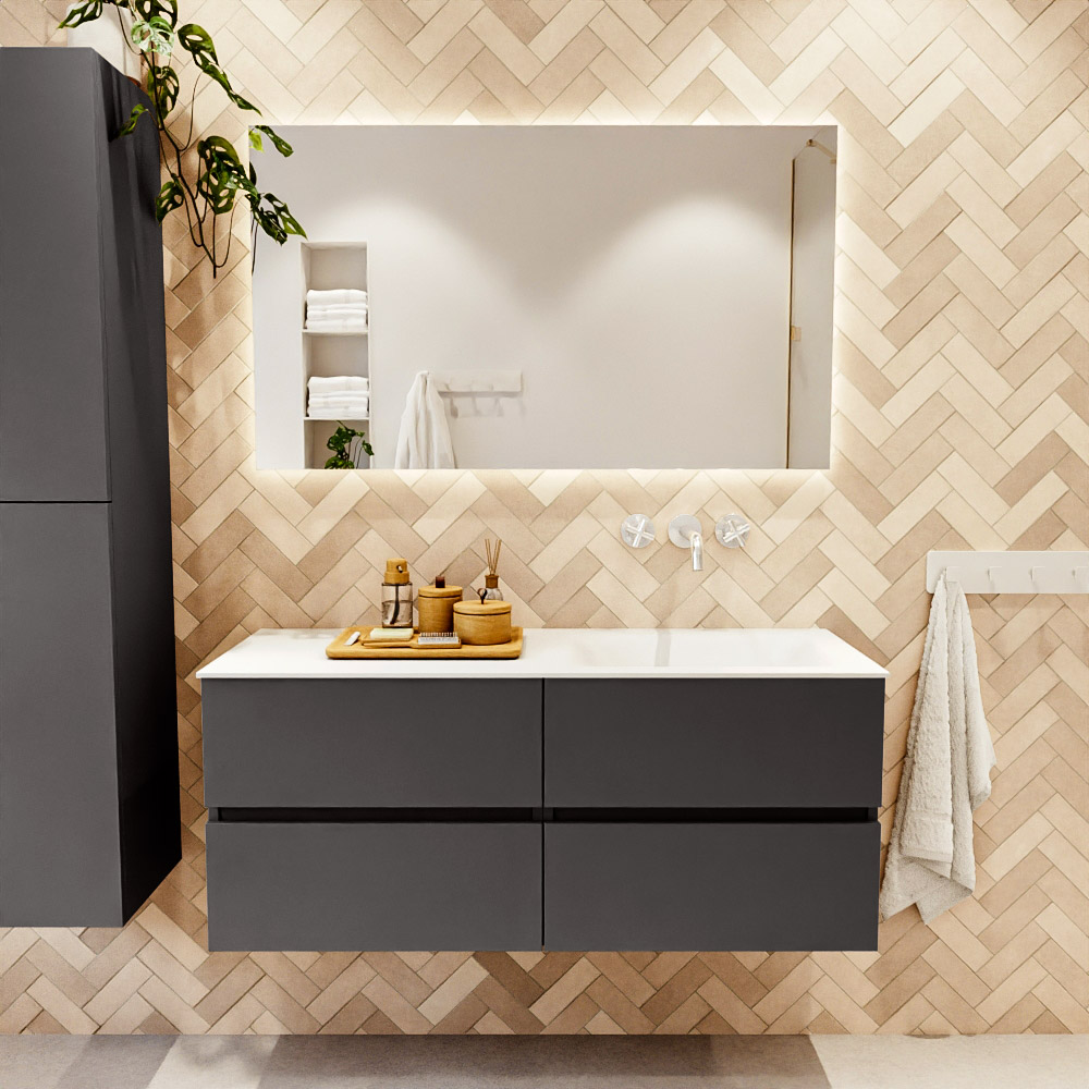 MONDIAZ VICA 120cm mueble de baño Dark Grey 4 cajones. Lavabo CLOUD Derecho sin orificio, color Talc. 2 color Talc.