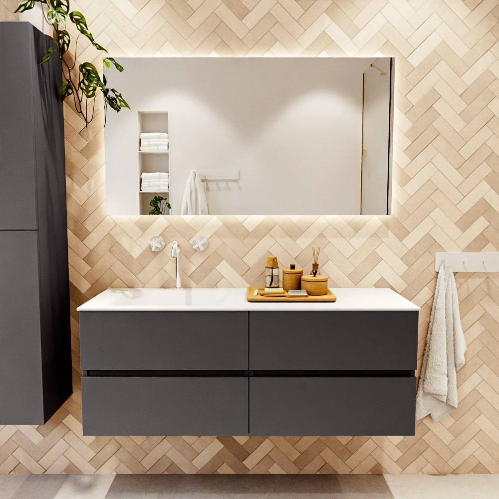 MONDIAZ VICA 130cm mueble de baño Dark Grey 4 cajones. Lavabo CLOUD Izquierda 1 orificio, color Talc. 2 color Talc.