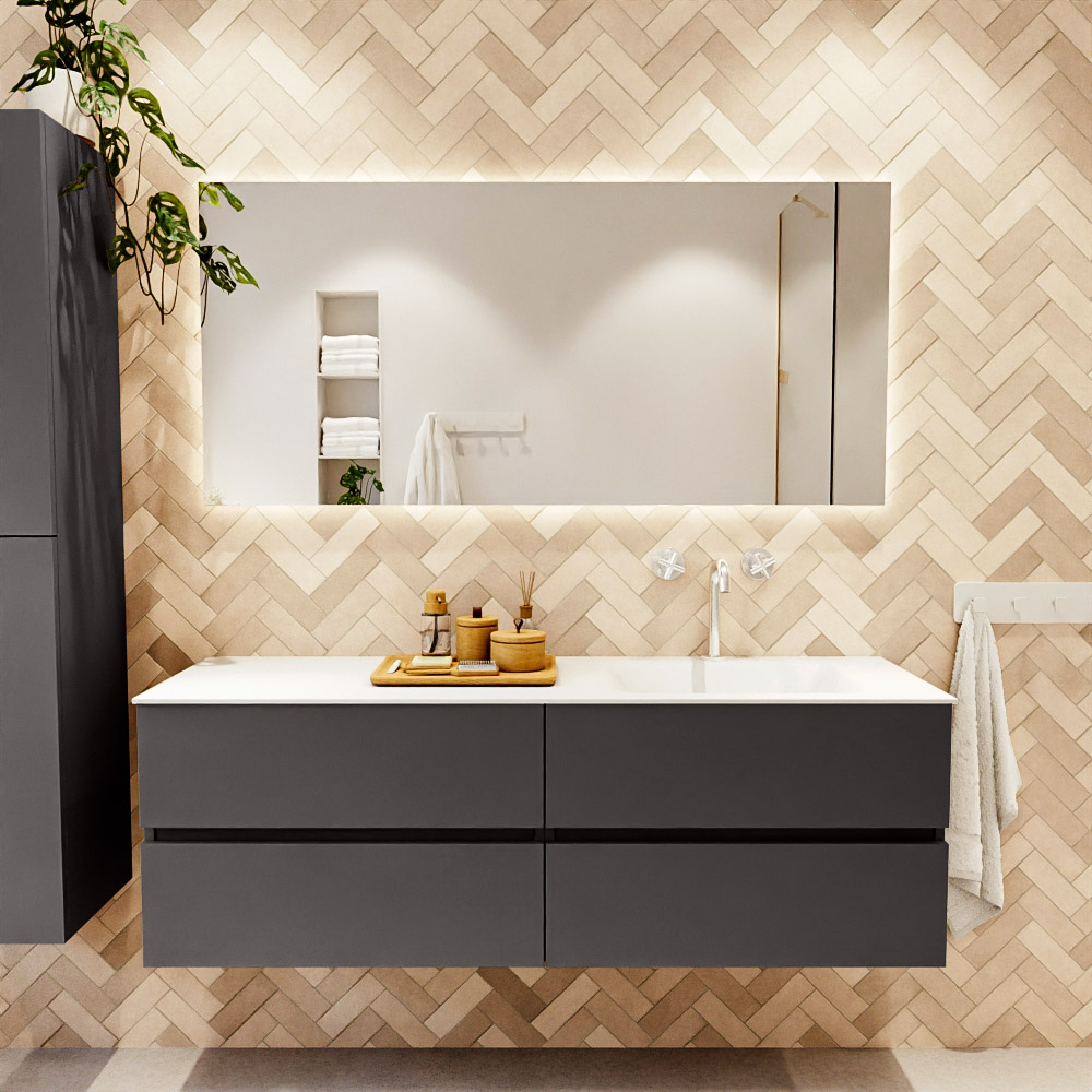 MONDIAZ VICA 150cm mueble de baño Dark Grey 4 cajones. Lavabo CLOUD Derecho 1 orificio, color Talc. 2 color Talc.