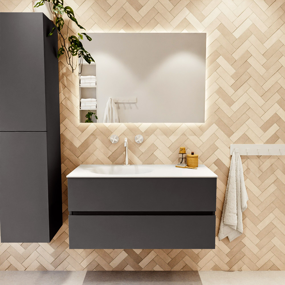 MONDIAZ VICA 100cm mueble de baño Dark Grey 2 cajones. Lavabo MOON Izquierda 1 orificio, color Talc. 2 color Talc.