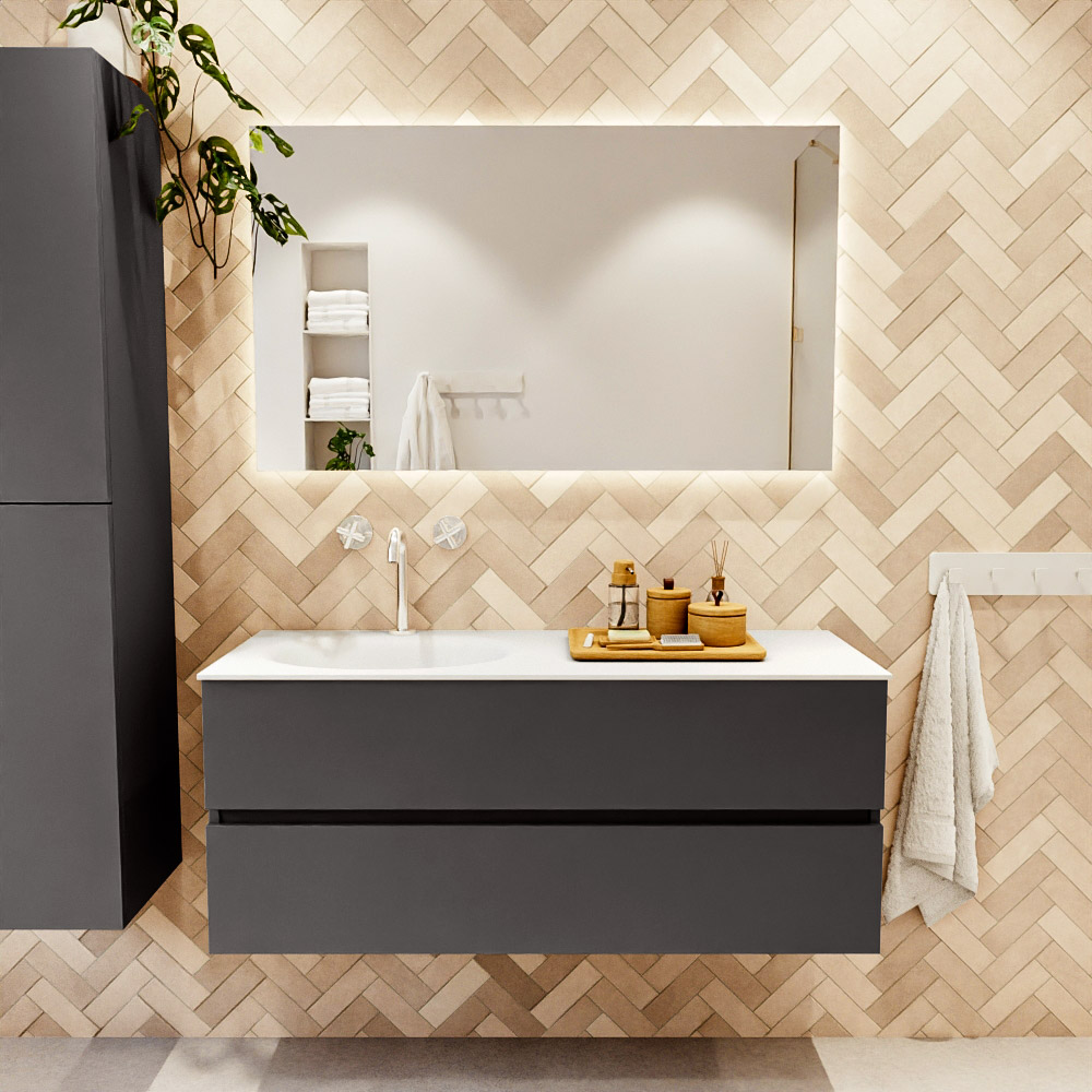 MONDIAZ VICA 120cm mueble de baño Dark Grey 2 cajones. Lavabo MOON Izquierda 1 orificio, color Talc. 2 color Talc.