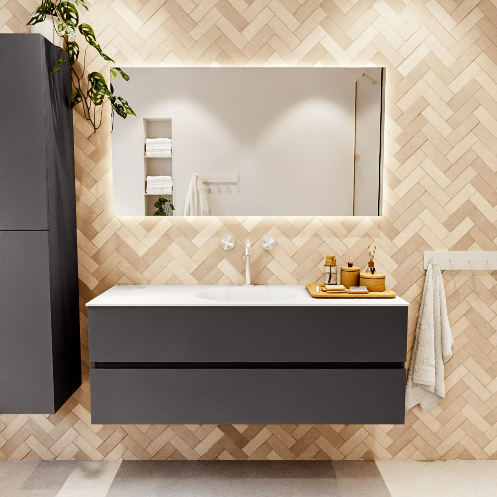 MONDIAZ VICA 130cm mueble de baño Dark Grey 2 cajones. Lavabo MOON Centro 1 orificio, color Talc. 2 color Talc.