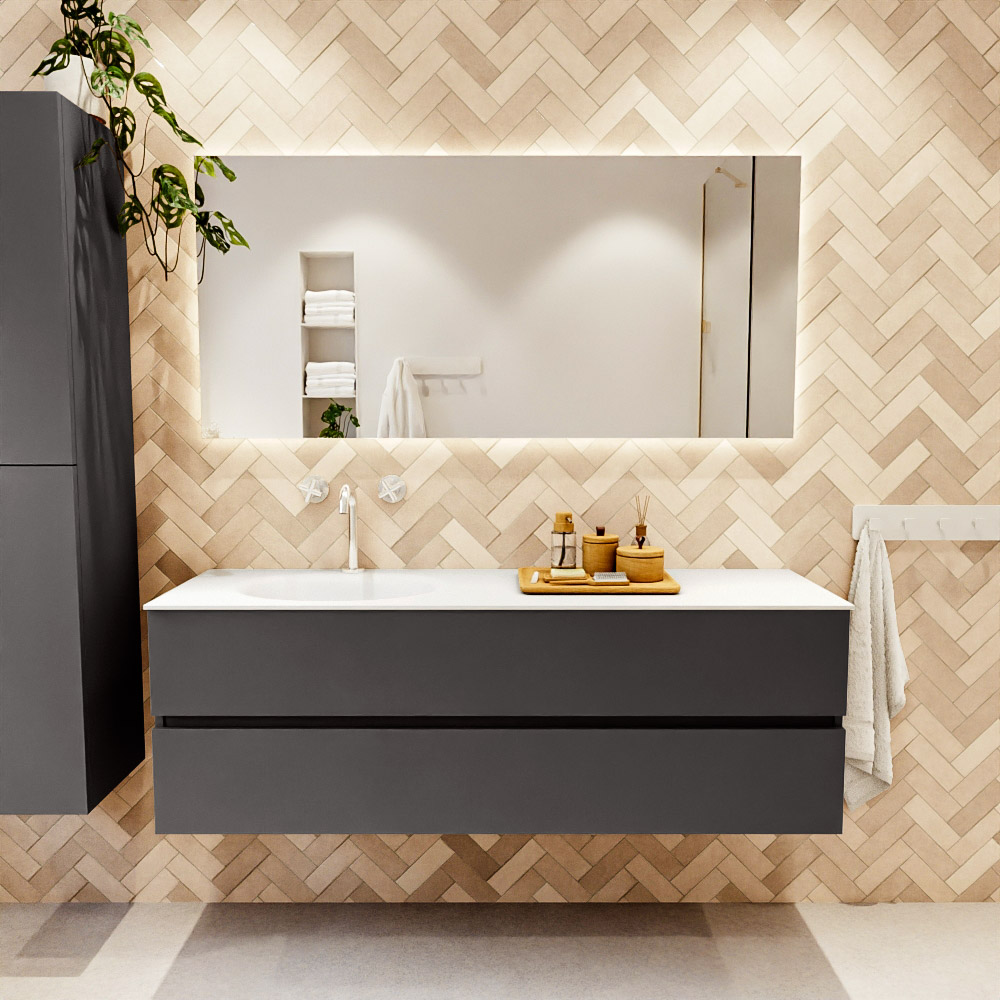 MONDIAZ VICA 150cm mueble de baño Dark Grey 2 cajones. Lavabo MOON Izquierda 1 orificio, color Talc. 2 color Talc.