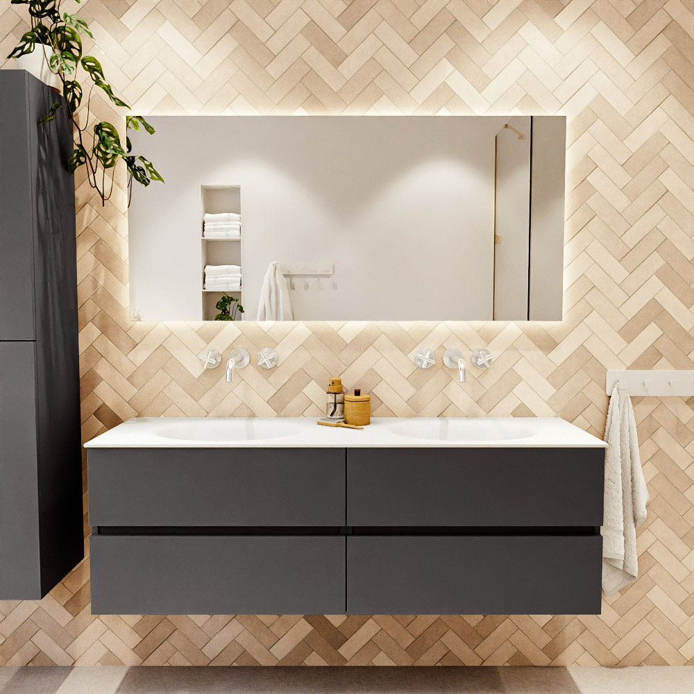 MONDIAZ VICA 150cm mueble de baño Dark Grey 4 cajones. Lavabo MOON Doble sin orificio, color Talc. 2 color Talc.