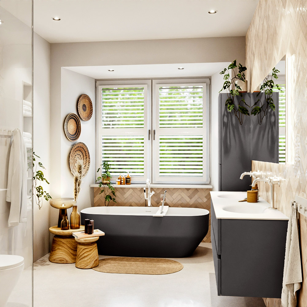 MONDIAZ VICA 170cm mueble de baño Dark Grey 4 cajones. Lavabo MOON Doble 2 orificios, color Talc. 3 MONDIAZ VICA 170cm mueble de baño Dark Grey 4 cajones. Lavabo MOON Doble 2 orificios, color Talc. - Imagen 3