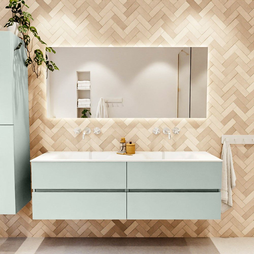 MONDIAZ VICA 160cm mueble de baño Greey 4 cajones. Lavabo CLOUD Doble sin orificio, color Talc. 2 color Talc.