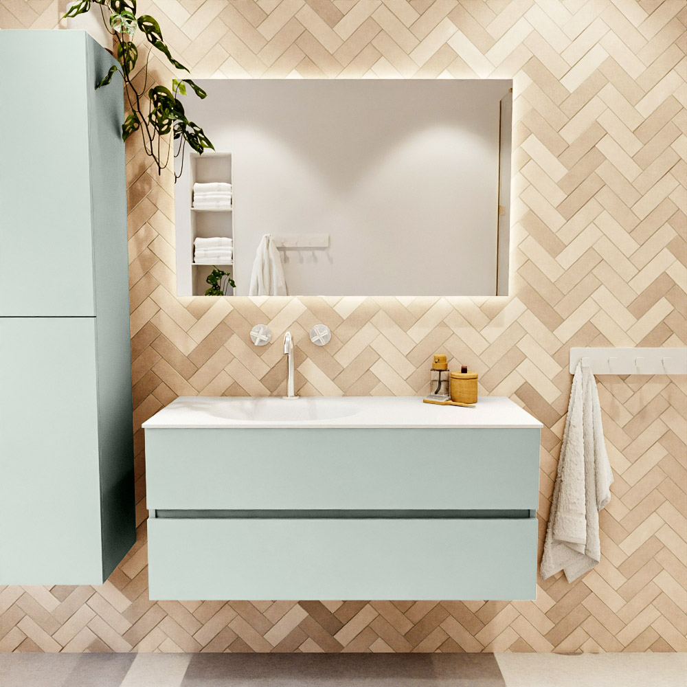 MONDIAZ VICA 110cm mueble de baño Greey 2 cajones. Lavabo MOON Izquierda 1 orificio, color Talc. 2 color Talc.