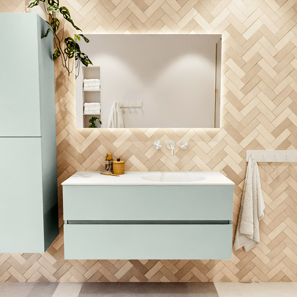 MONDIAZ VICA 110cm mueble de baño Greey 2 cajones. Lavabo MOON Derecho sin orificio, color Talc. 2 color Talc.