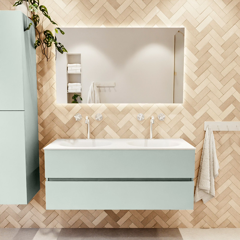 MONDIAZ VICA 120cm mueble de baño Greey 2 cajones. Lavabo MOON Doble 2 orificios, color Talc. 2 color Talc.