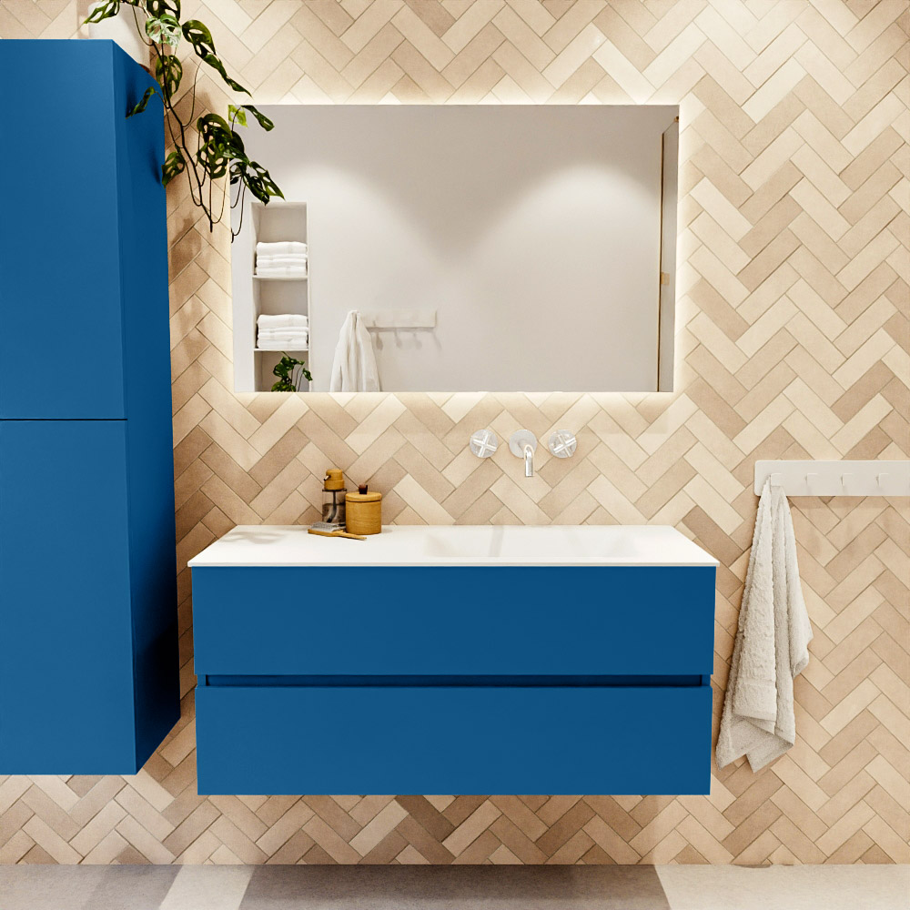 MONDIAZ VICA 110cm mueble de baño Jeans 2 cajones. Lavabo CLOUD Derecho sin orificio, color Talc. 2 color Talc.