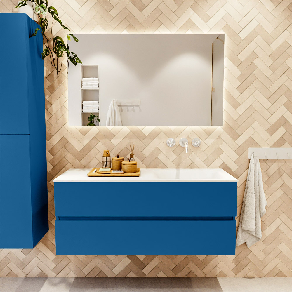 MONDIAZ VICA 120cm mueble de baño Jeans 2 cajones. Lavabo CLOUD Derecho sin orificio, color Talc. 2 color Talc.