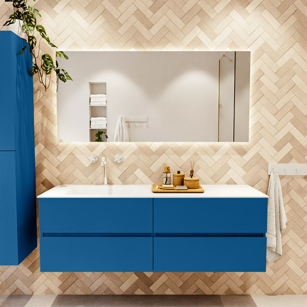 MONDIAZ VICA 150cm mueble de baño Jeans 4 cajones. Lavabo CLOUD Izquierda 1 orificio, color Talc. 2 color Talc.
