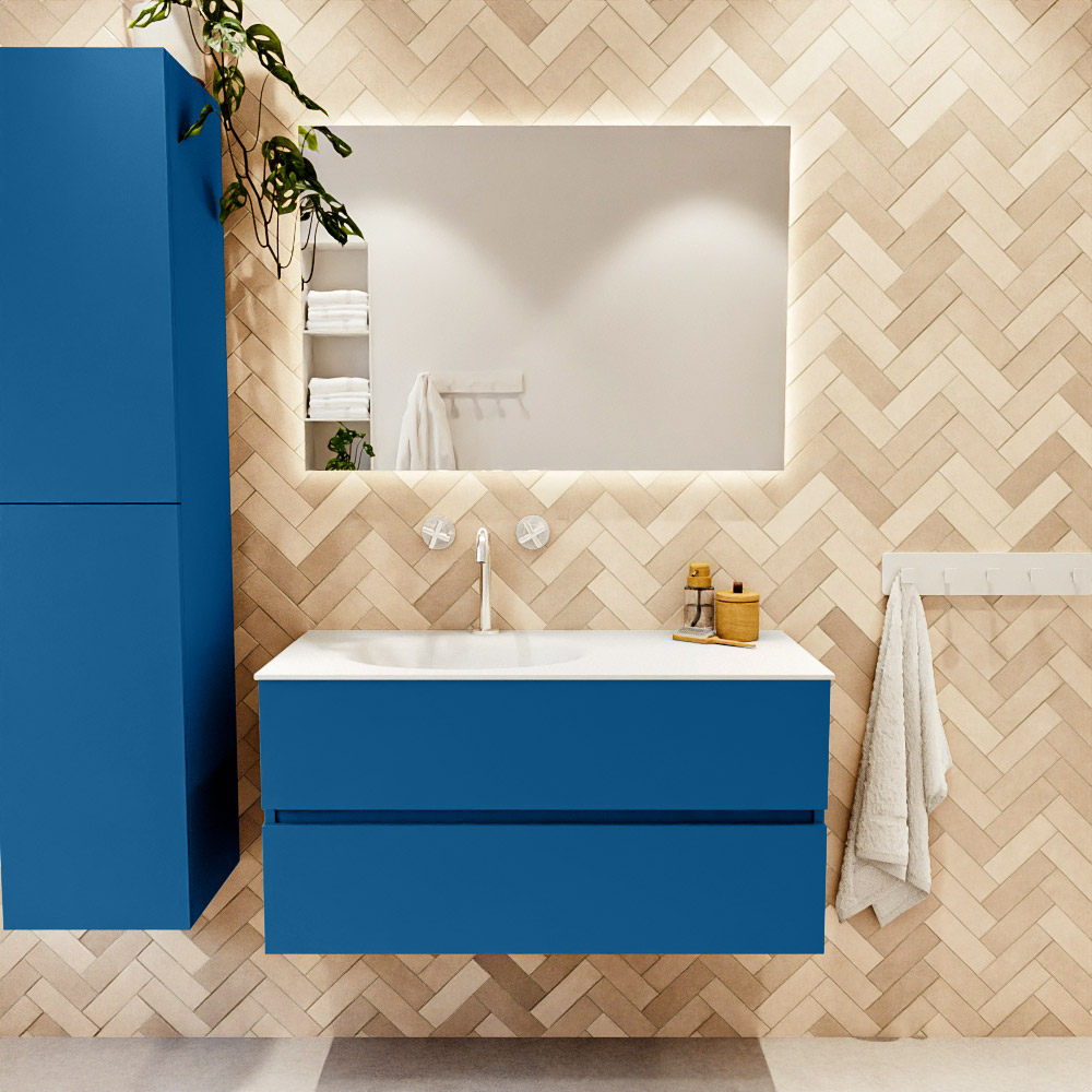 MONDIAZ VICA 100cm mueble de baño Jeans 2 cajones. Lavabo MOON Izquierda 1 orificio, color Talc. 2 color Talc.