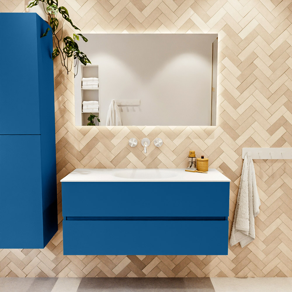 MONDIAZ VICA 110cm mueble de baño Jeans 2 cajones. Lavabo MOON Centro sin orificio, color Talc. 2 color Talc.