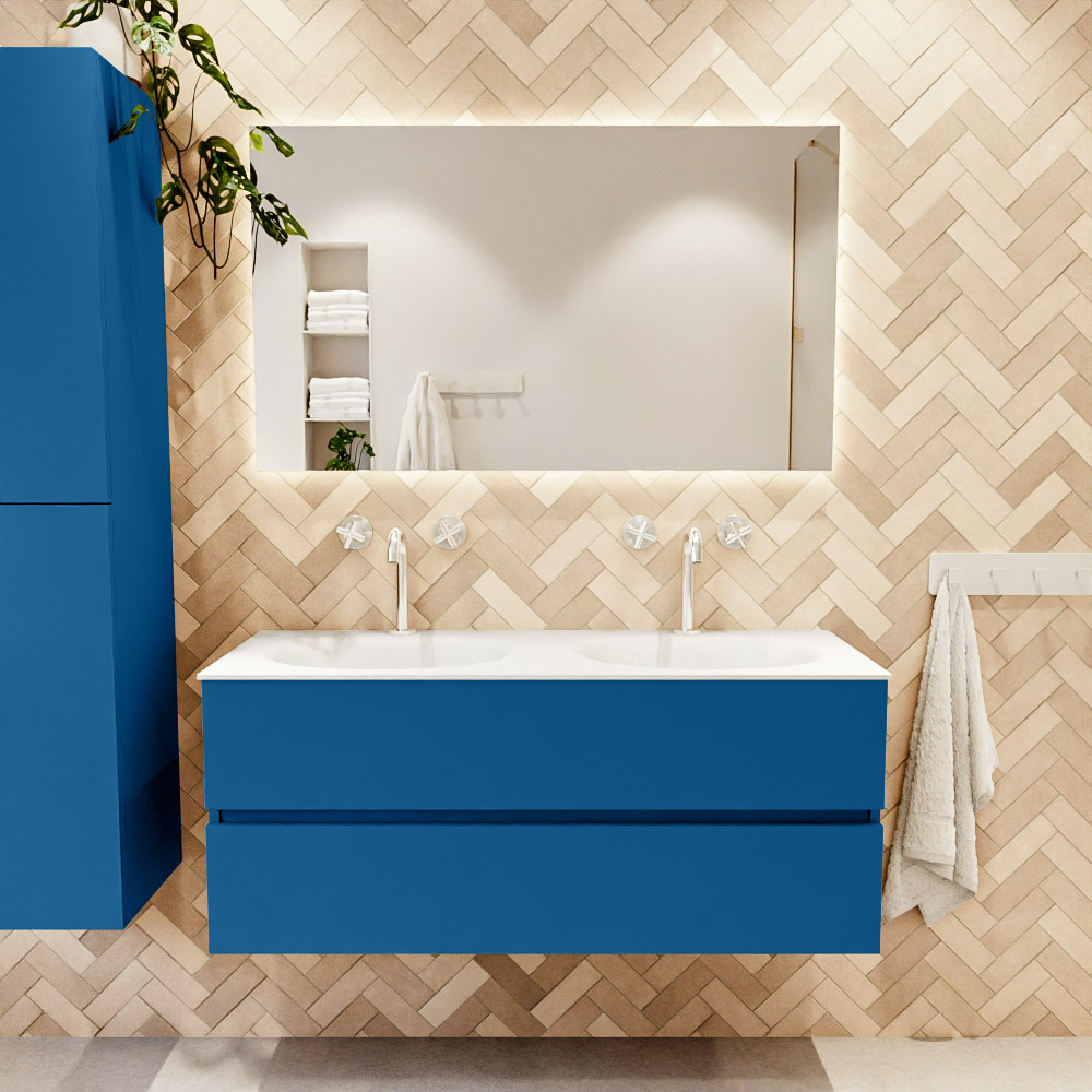 MONDIAZ VICA 120cm mueble de baño Jeans 2 cajones. Lavabo MOON Doble 2 orificios, color Talc. 2 color Talc.