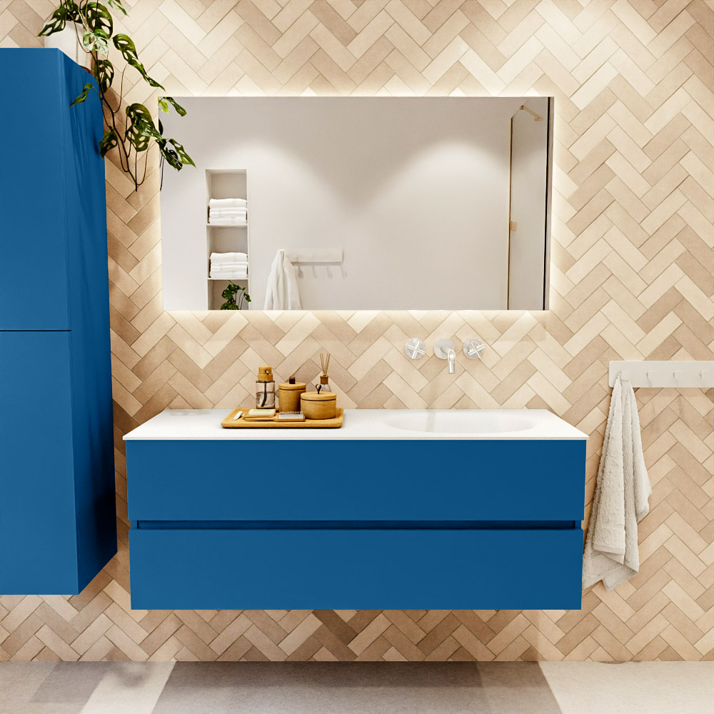 MONDIAZ VICA 130cm mueble de baño Jeans 2 cajones. Lavabo MOON Derecho sin orificio, color Talc. 2 color Talc.