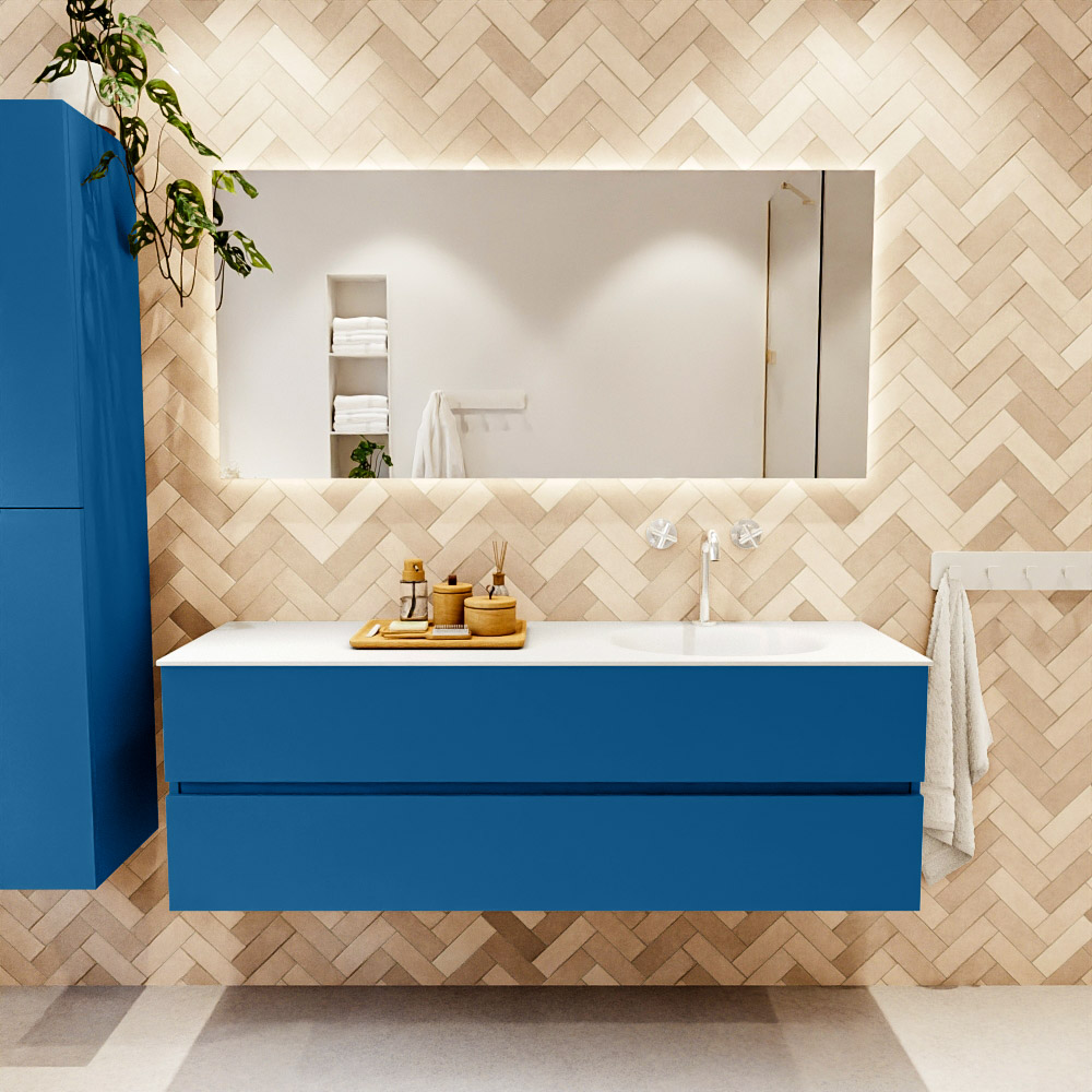 MONDIAZ VICA 150cm mueble de baño Jeans 2 cajones. Lavabo MOON Derecho 1 orificio, color Talc. 2 color Talc.