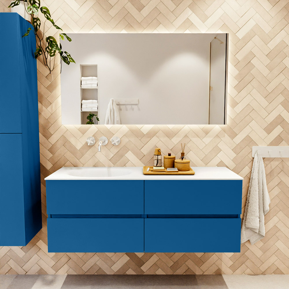 MONDIAZ VICA 130cm mueble de baño Jeans 4 cajones. Lavabo MOON Izquierda sin orificio, color Talc. 2 color Talc.