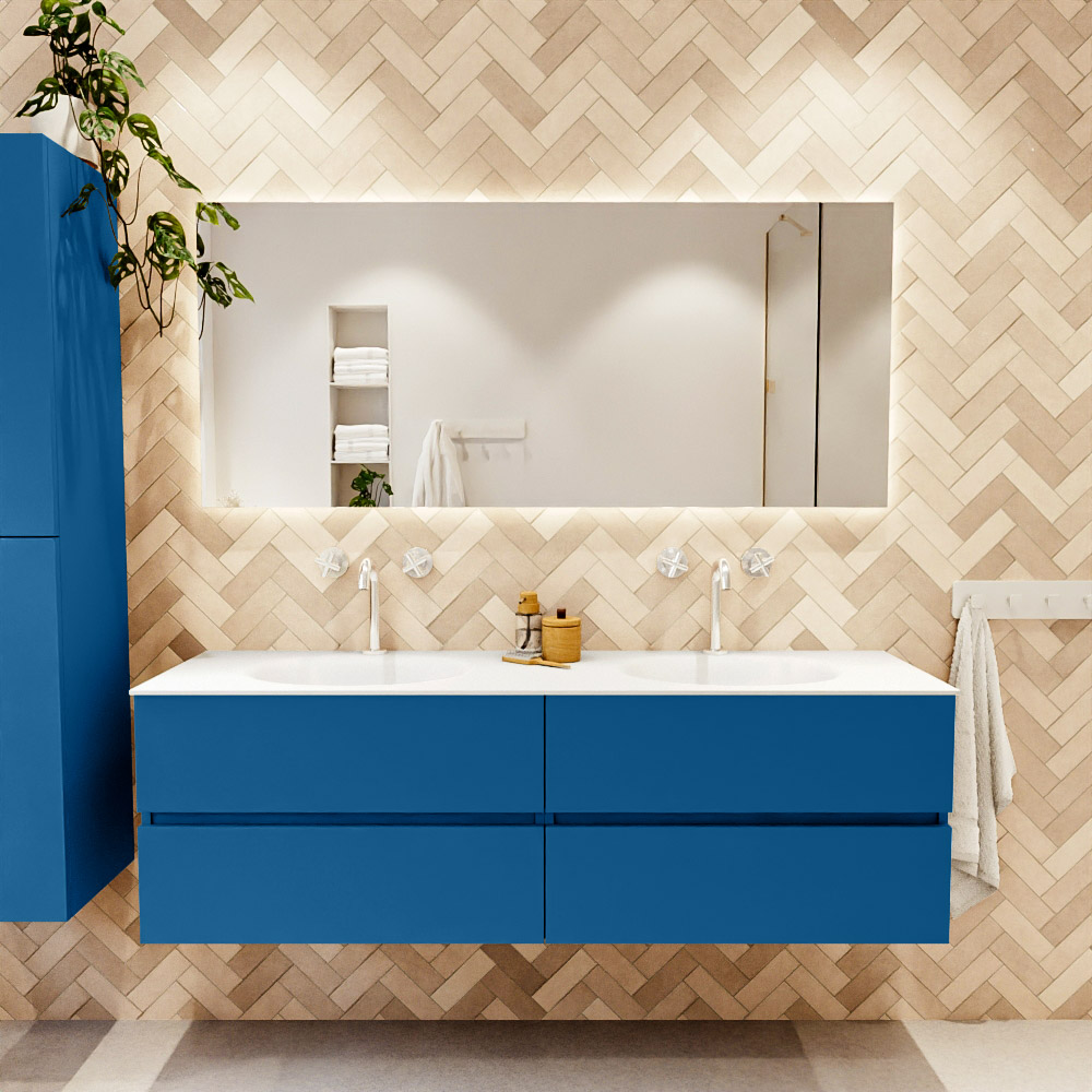 MONDIAZ VICA 160cm mueble de baño Jeans 4 cajones. Lavabo MOON Doble 2 orificios, color Talc. 2 color Talc.