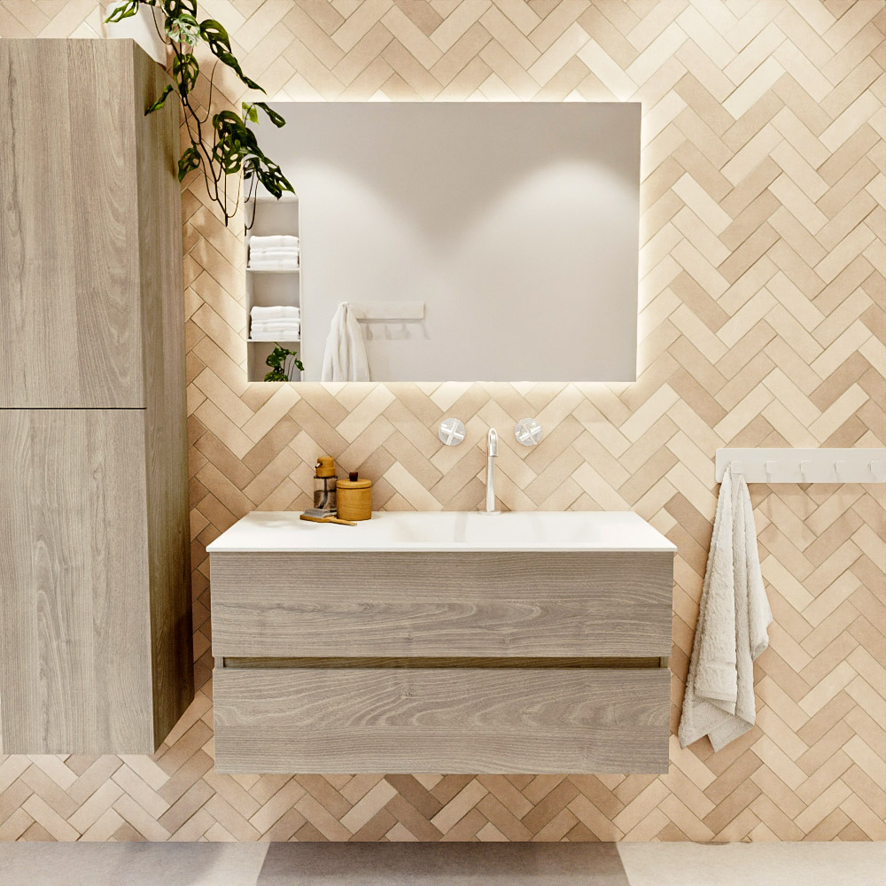 MONDIAZ VICA 100cm mueble de baño Light Brown Grey 2 cajones. Lavabo CLOUD Derecho 1 orificio, color Talc. 2 color Talc.