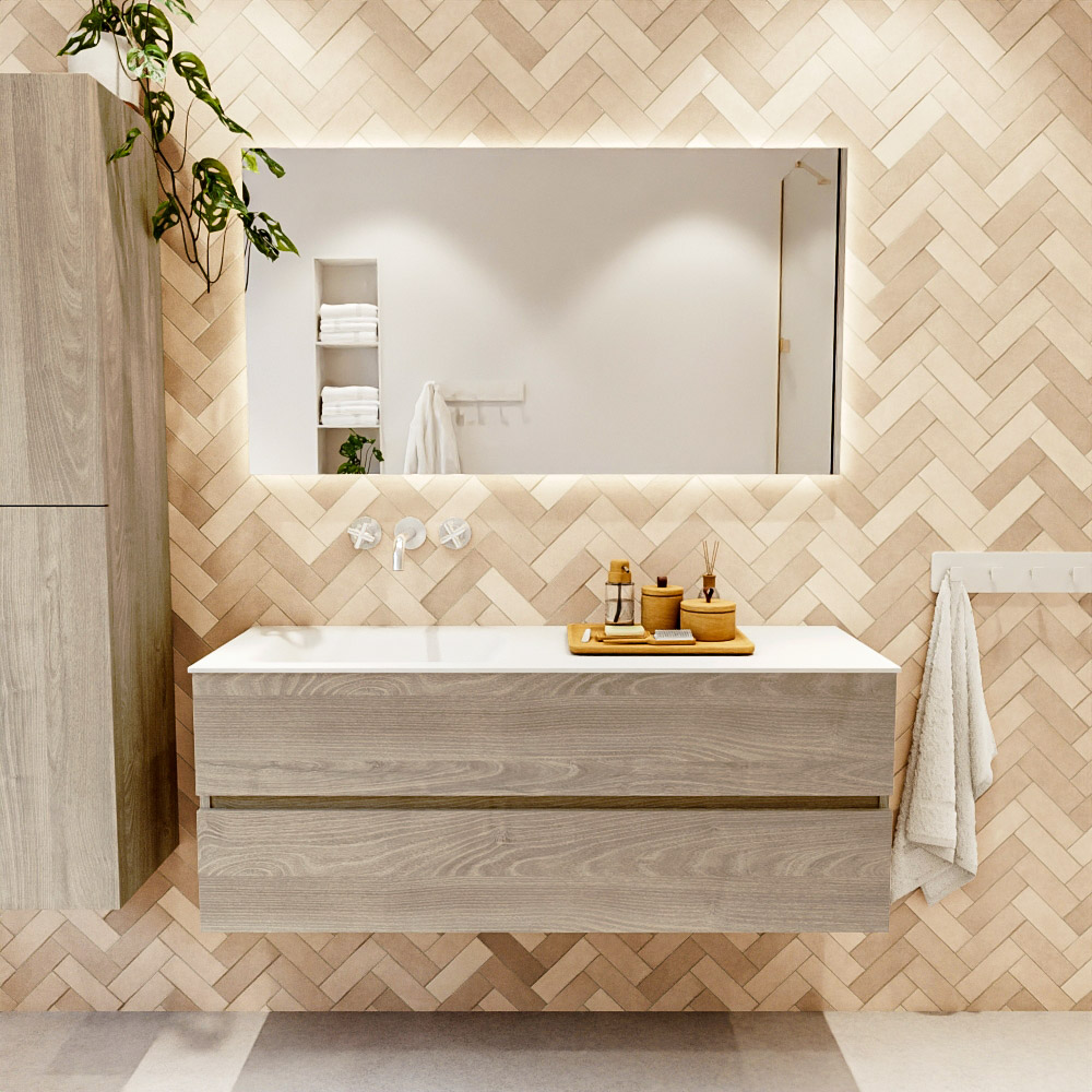 MONDIAZ VICA 130cm mueble de baño Light Brown Grey 2 cajones. Lavabo CLOUD Izquierda sin orificio, color Talc. 2 color Talc.