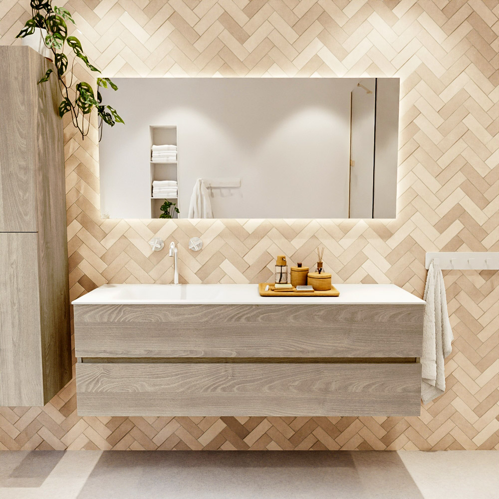 MONDIAZ VICA 150cm mueble de baño Light Brown Grey 2 cajones. Lavabo CLOUD Izquierda 1 orificio, color Talc. 2 color Talc.