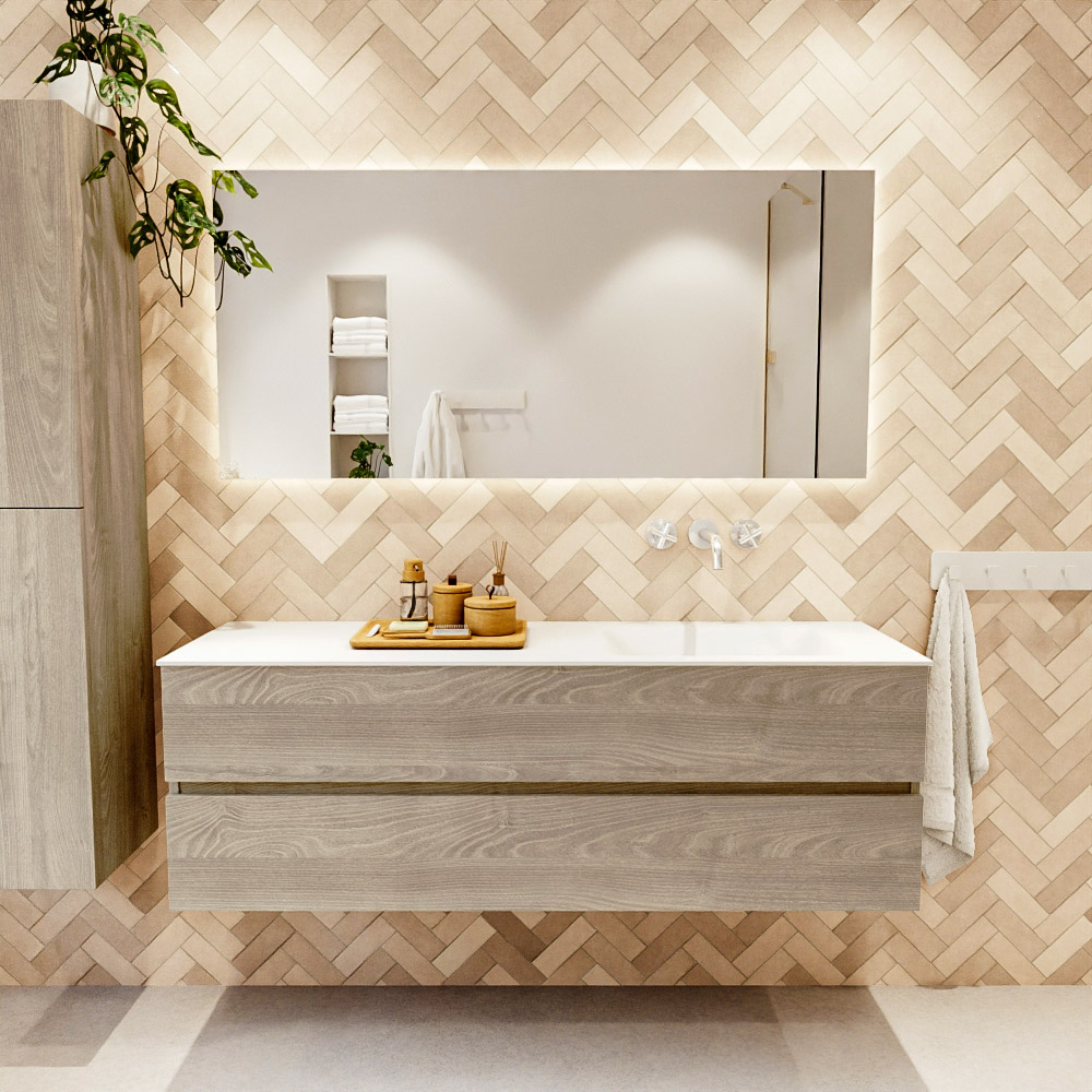 MONDIAZ VICA 150cm mueble de baño Light Brown Grey 2 cajones. Lavabo CLOUD Derecho sin orificio, color Talc. 2 color Talc.
