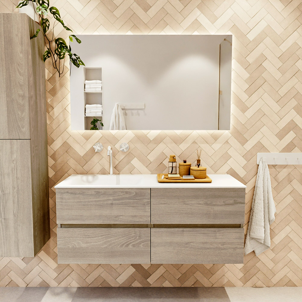 MONDIAZ VICA 120cm mueble de baño Light Brown Grey 4 cajones. Lavabo CLOUD Izquierda 1 orificio, color Talc. 2 color Talc.