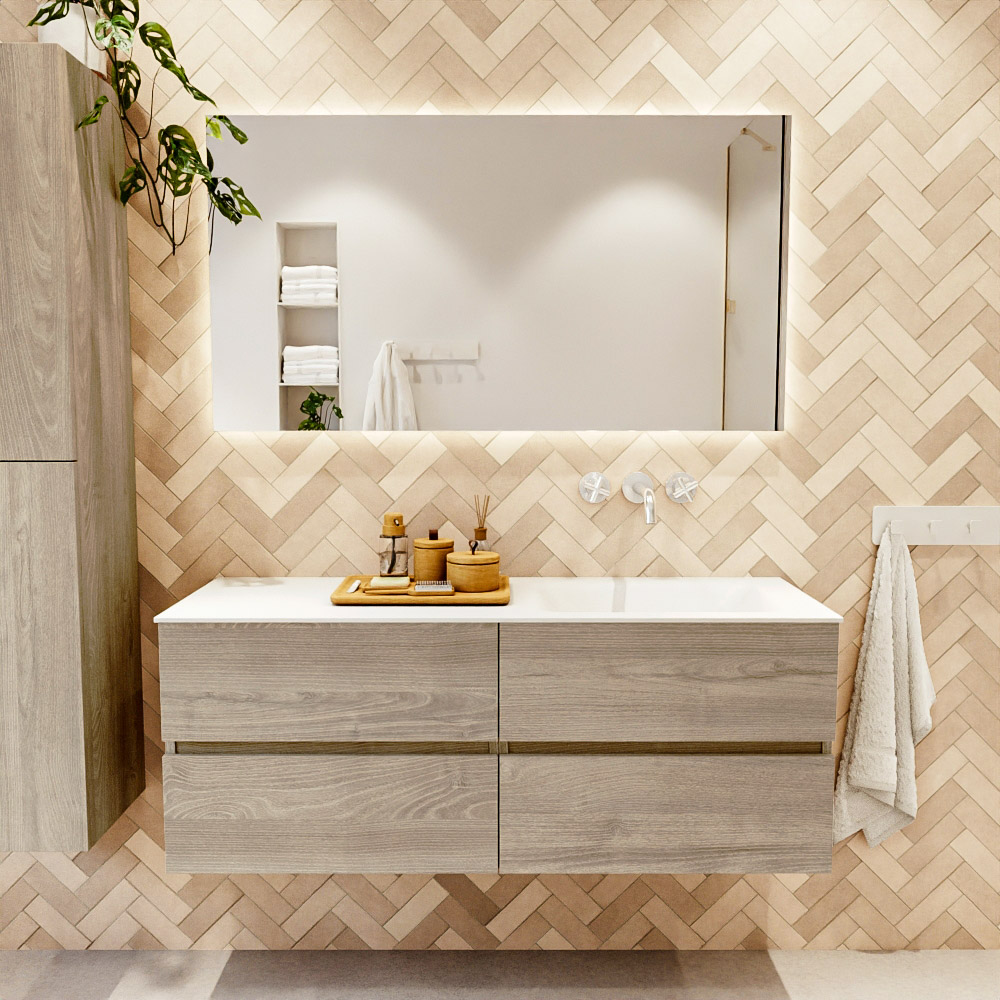MONDIAZ VICA 130cm mueble de baño Light Brown Grey 4 cajones. Lavabo CLOUD Derecho sin orificio, color Talc. 2 color Talc.
