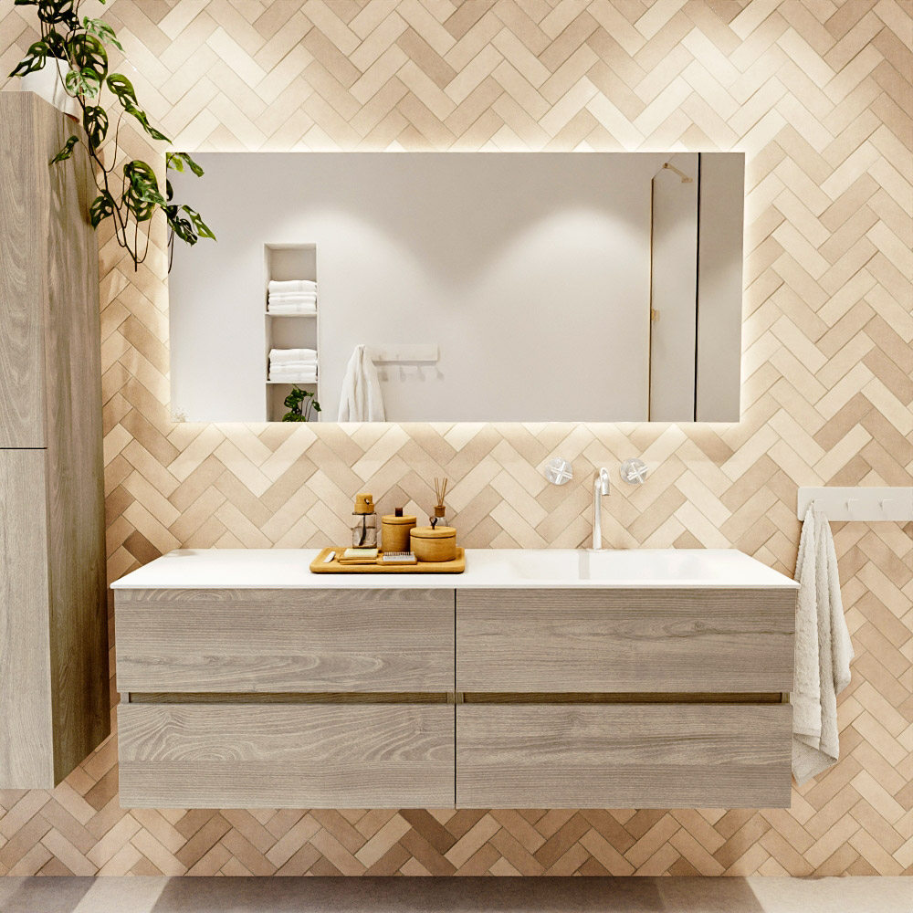 MONDIAZ VICA 150cm mueble de baño Light Brown Grey 4 cajones. Lavabo CLOUD Derecho 1 orificio, color Talc. 2 color Talc.