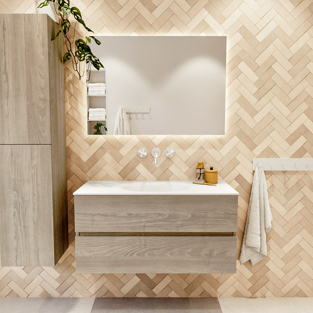 MONDIAZ VICA 100cm mueble de baño Light Brown Grey 2 cajones. Lavabo MOON Centro sin orificio, color Talc. 2 color Talc.