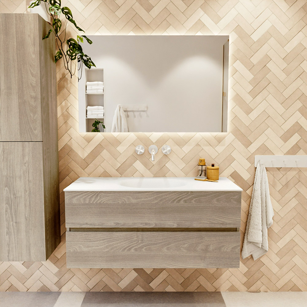 MONDIAZ VICA 110cm mueble de baño Light Brown Grey 2 cajones. Lavabo MOON Centro sin orificio, color Talc. 2 color Talc.