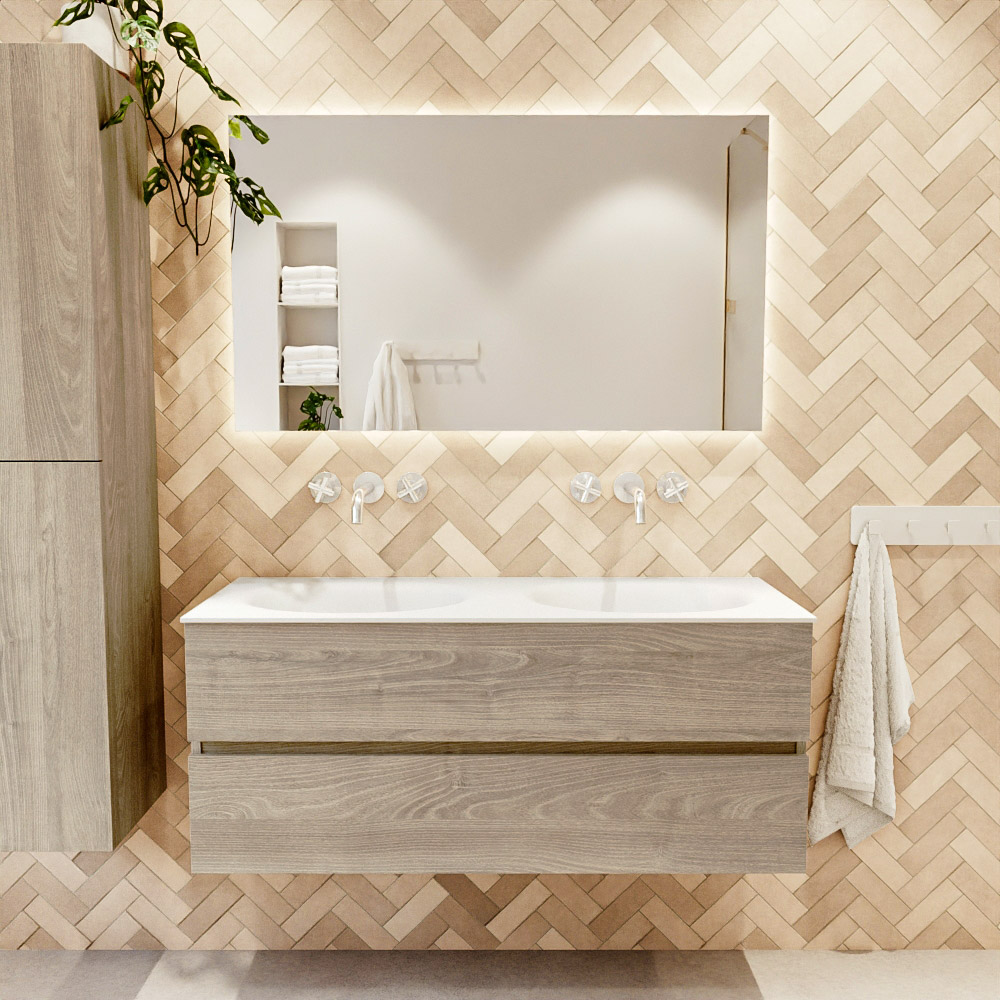 MONDIAZ VICA 120cm mueble de baño Light Brown Grey 2 cajones. Lavabo MOON Doble sin orificio, color Talc. 2 color Talc.