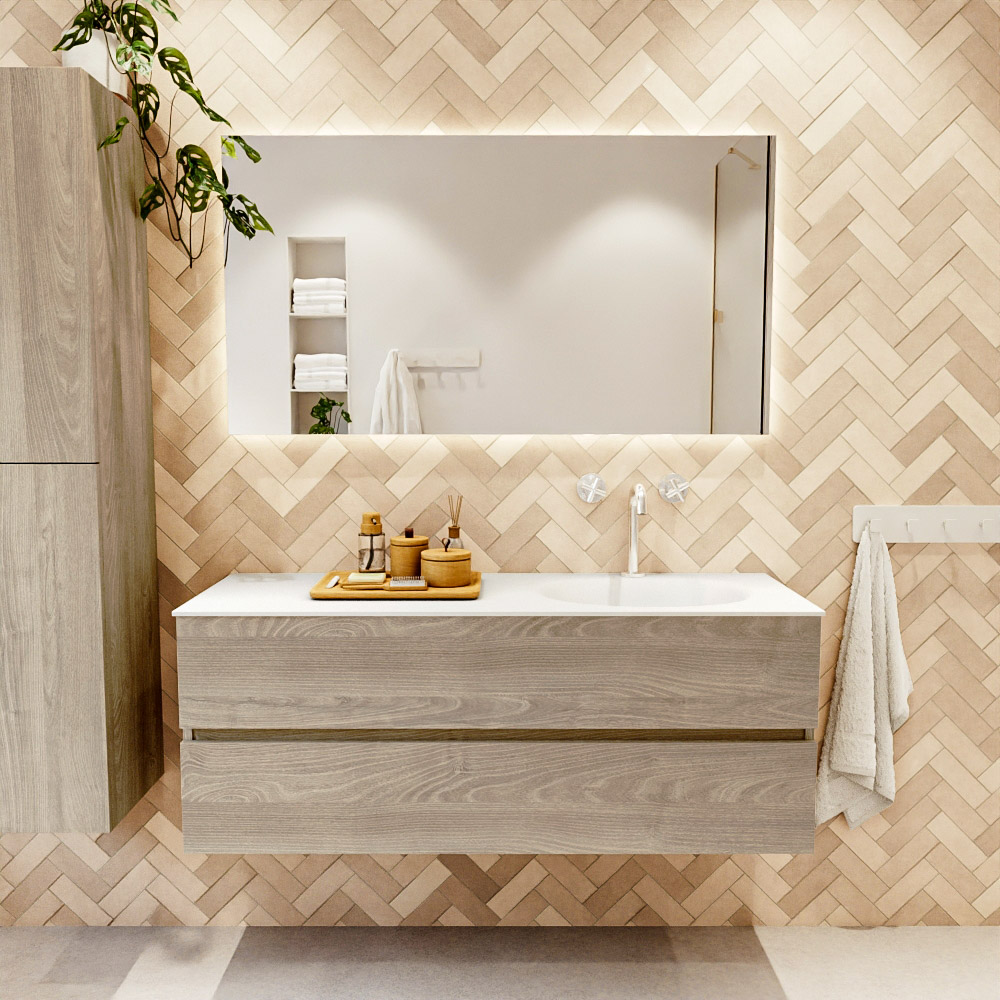 MONDIAZ VICA 130cm mueble de baño Light Brown Grey 2 cajones. Lavabo MOON Derecho 1 orificio, color Talc. 2 color Talc.