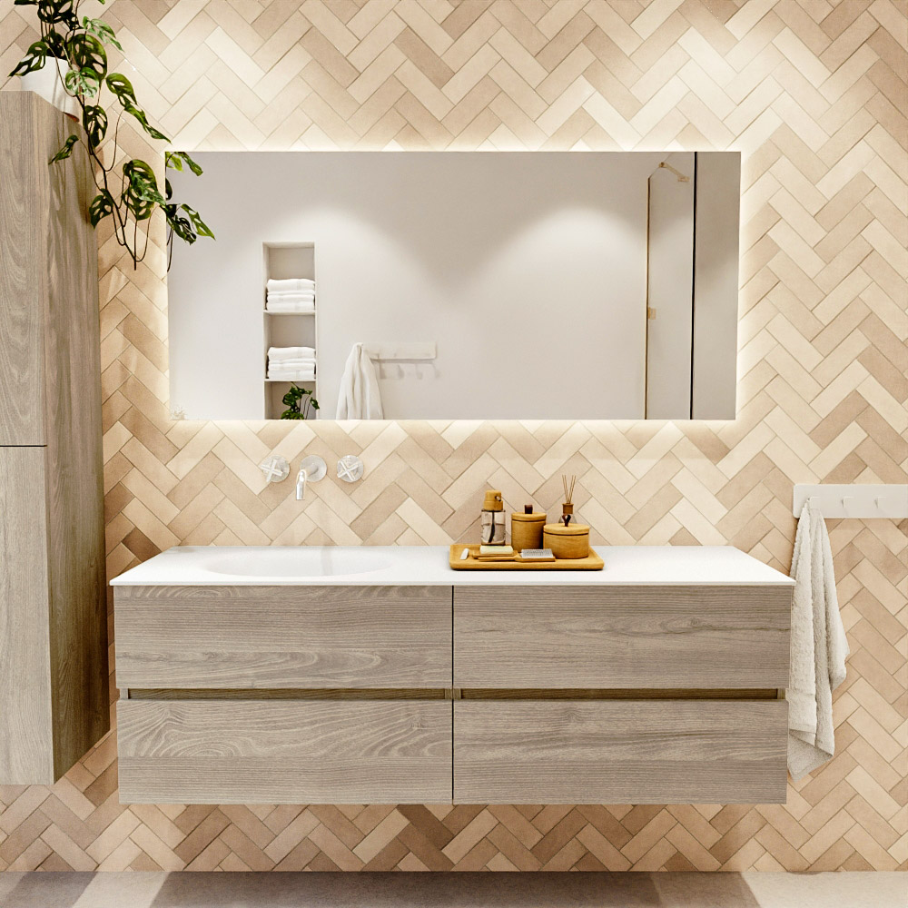 MONDIAZ VICA 150cm mueble de baño Light Brown Grey 4 cajones. Lavabo MOON Izquierda sin orificio, color Talc. 2 color Talc.