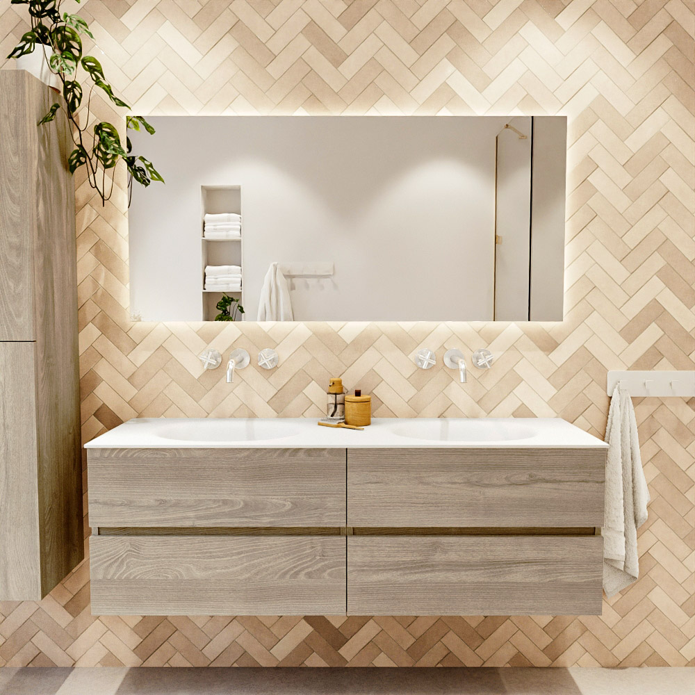 MONDIAZ VICA 150cm mueble de baño Light Brown Grey 4 cajones. Lavabo MOON Doble sin orificio, color Talc. 2 color Talc.