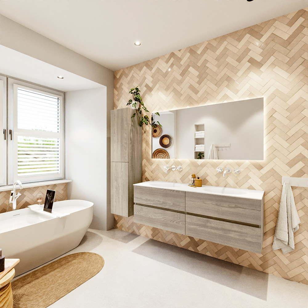 MONDIAZ VICA 150cm mueble de baño Light Brown Grey 4 cajones. Lavabo MOON Doble sin orificio, color Talc. 4 MONDIAZ VICA 150cm mueble de baño Light Brown Grey 4 cajones. Lavabo MOON Doble sin orificio, color Talc. - Imagen 4