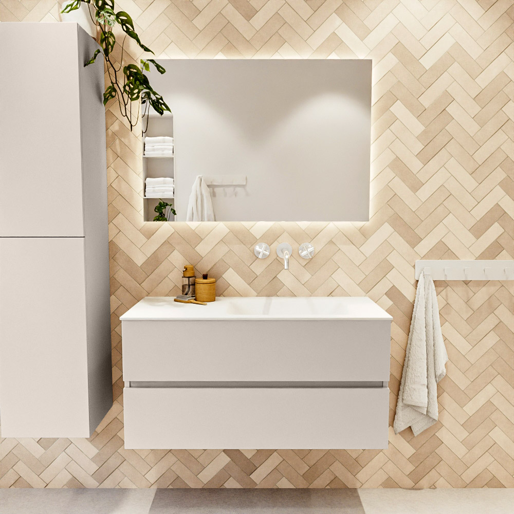MONDIAZ VICA 100cm mueble de baño Linen 2 cajones. Lavabo CLOUD Derecho sin orificio, color Talc. 2 color Talc.