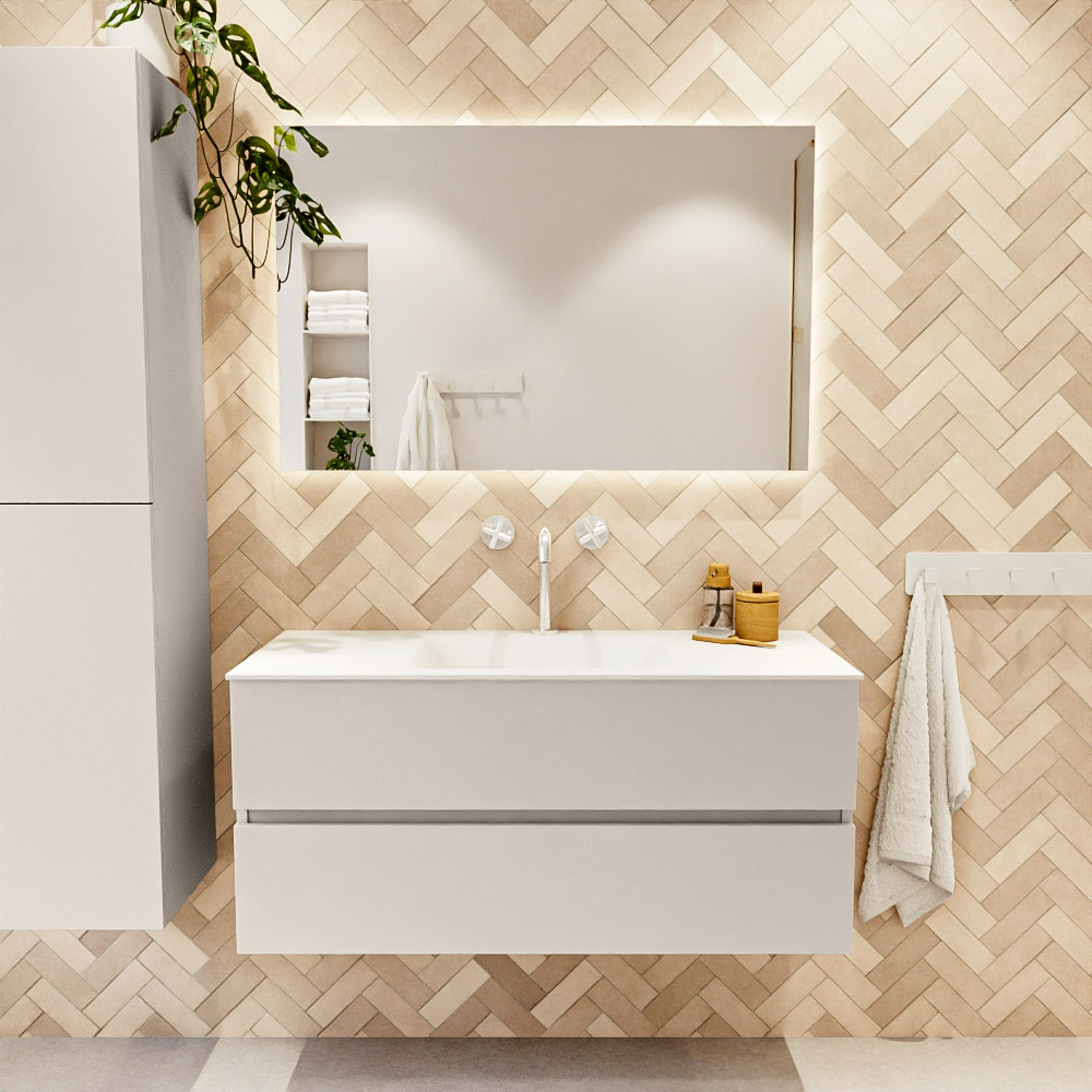 MONDIAZ VICA 110cm mueble de baño Linen 2 cajones. Lavabo CLOUD Centro 1 orificio, color Talc. 2 color Talc.
