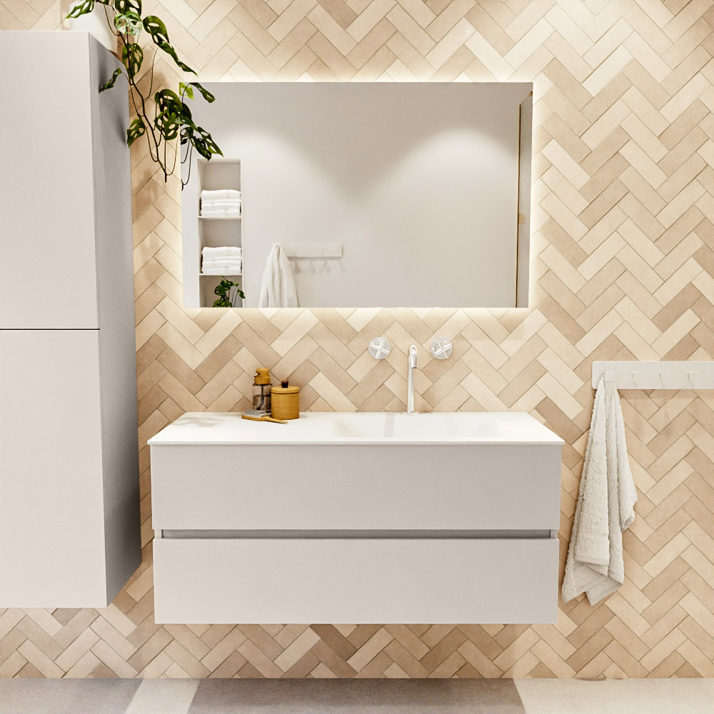 MONDIAZ VICA 110cm mueble de baño Linen 2 cajones. Lavabo CLOUD Derecho 1 orificio, color Talc. 2 color Talc.