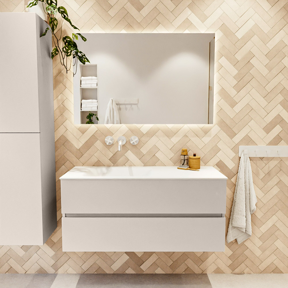 MONDIAZ VICA 110cm mueble de baño Linen 2 cajones. Lavabo CLOUD Izquierda sin orificio, color Talc. 2 color Talc.