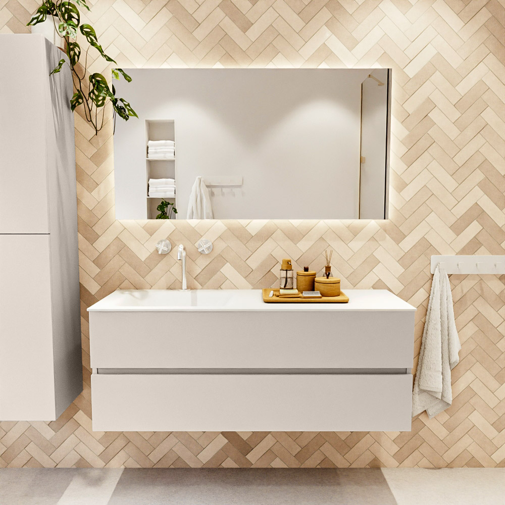 MONDIAZ VICA 130cm mueble de baño Linen 2 cajones. Lavabo CLOUD Izquierda 1 orificio, color Talc. 2 color Talc.