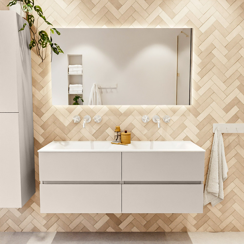 MONDIAZ VICA 130cm mueble de baño Linen 4 cajones. Lavabo CLOUD Doble sin orificio, color Talc. 2 color Talc.