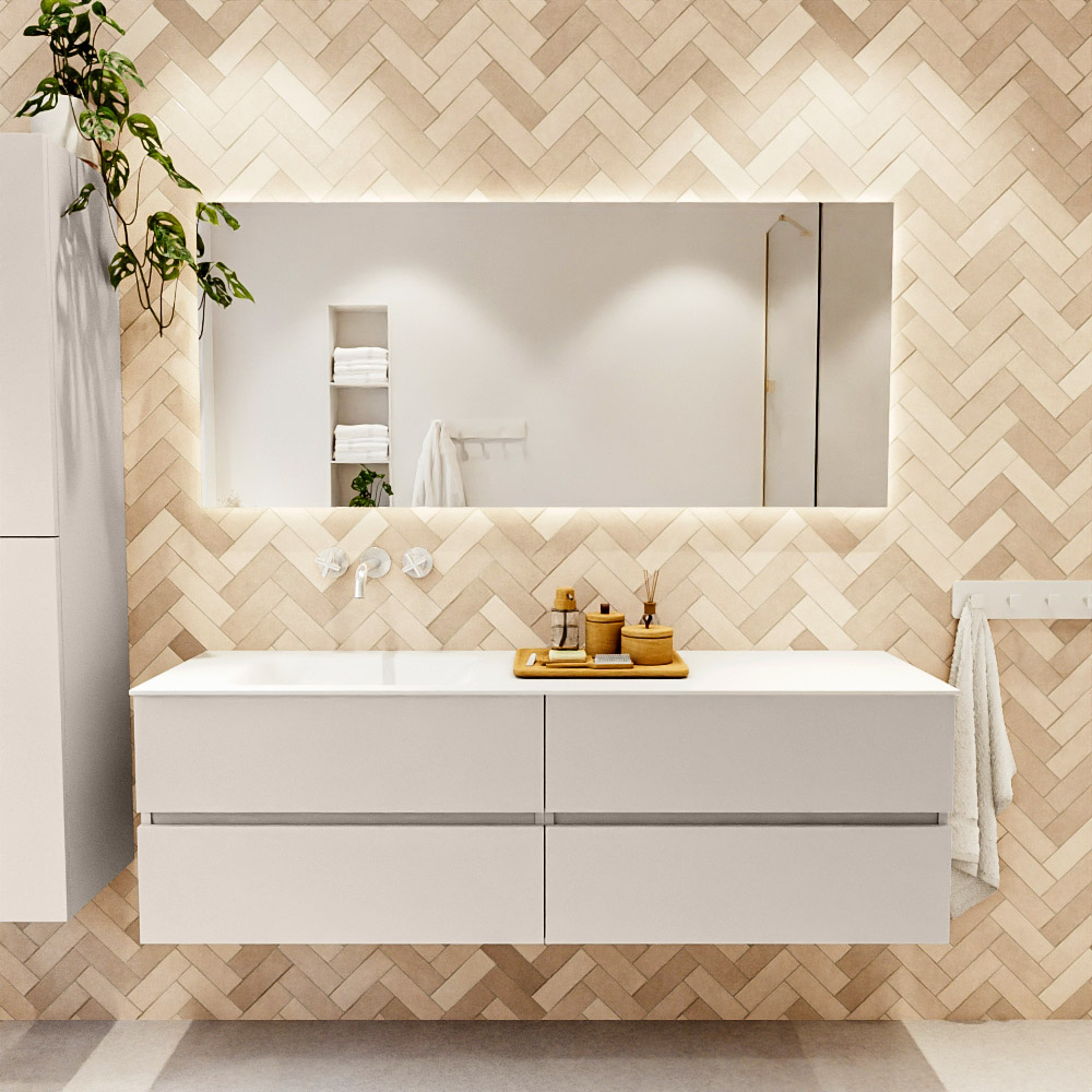 MONDIAZ VICA 160cm mueble de baño Linen 4 cajones. Lavabo CLOUD Izquierda sin orificio, color Talc. 2 color Talc.
