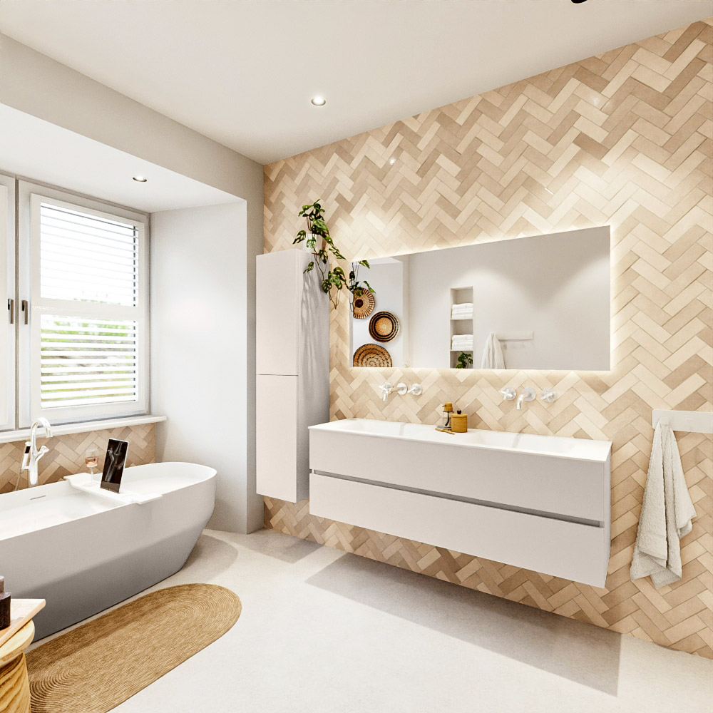 MONDIAZ VICA 150cm mueble de baño Linen 2 cajones. Lavabo CLOUD Doble sin orificio, color Talc. 4 MONDIAZ VICA 150cm mueble de baño Linen 2 cajones. Lavabo CLOUD Doble sin orificio, color Talc. - Imagen 4