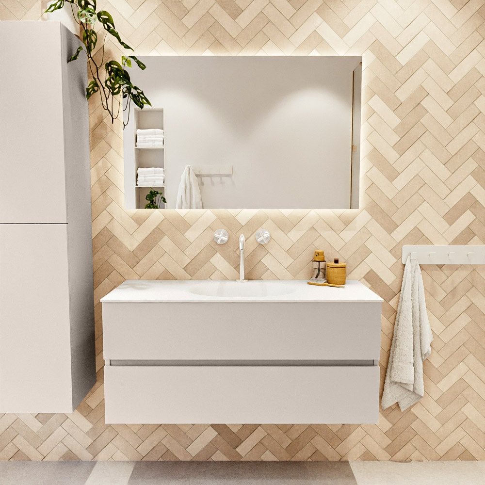 MONDIAZ VICA 110cm mueble de baño Linen 2 cajones. Lavabo MOON Centro 1 orificio, color Talc. 2 color Talc.